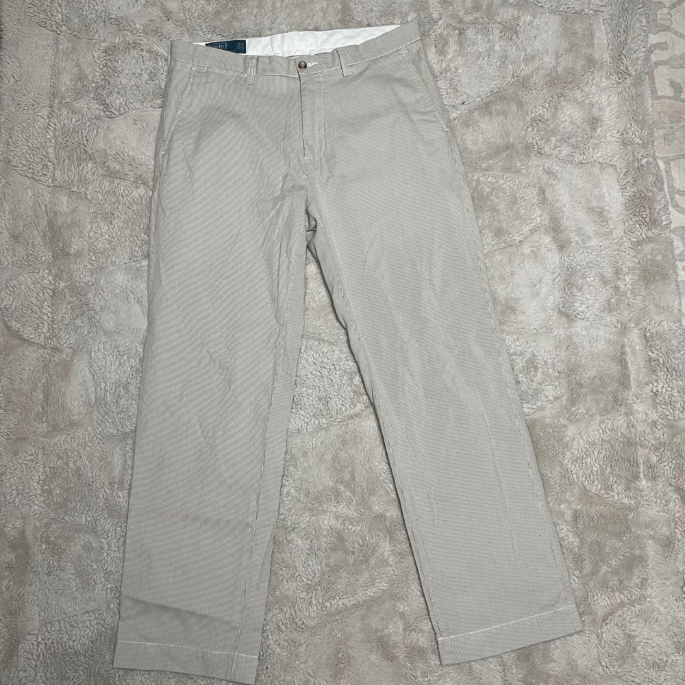 Polo Ralph Lauren Preston Pant Mens 34x30 Tan White Seersucker Cotton Chino